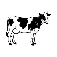 Vector art of a black and white cow stands calmly, isolated on white background, showcasing its distinctive spots and gentle nature