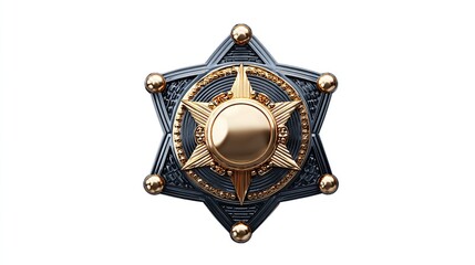 Naklejka premium A detailed, gold and black metallic star badge with a central star design, isolated on white