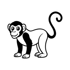 Vector art of a playful monkey with a curly tail stands upright, isolated on white background, its cute face and friendly expression inviting a smile