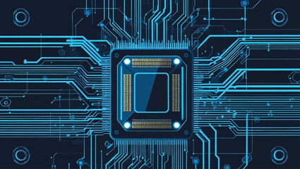  Technology connected blue lines with electronics elements on tech bg. Computer motherboard with a chip, processor, and semiconductor