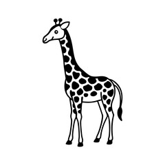 Vector art of a striking black and white illustration of a giraffe isolated on white background, emphasizing its distinctive spotted coat