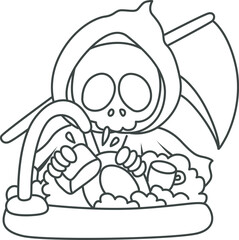 Illustration of cute skull ghost icon.
Funny skull ghost in activities stickers.
Angel of death cute elements.