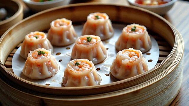 Eight shrimp dumplings are steaming in a bamboo basket, ready to be served as a delicious appetizer or main course