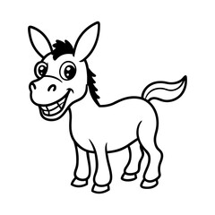Vector art of a cheerful black and white cartoon illustration of a donkey isolated on white background, featuring a friendly smile and playful pose