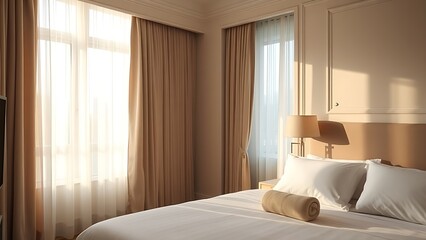 A serene hotel bedroom bathed in morning sunlight, featuring a neatly made bed and soft tones.