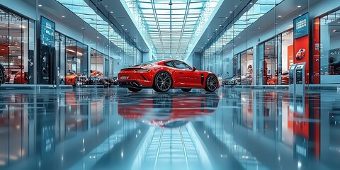Sleek red sports car showcased in a modern showroom, reflecting vibrant lights on polished floors, exuding luxury and performance appeal.