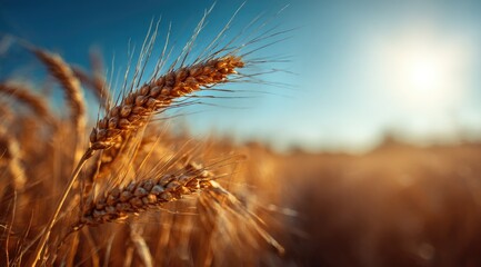 Close-up of ripe wheat stalks in a sunlit field, showcasing the golden hues of the harvest under a vibrant blue sky