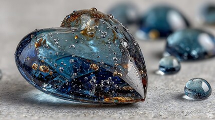 Polished blue water drop shaped like a heart placed on blank surface with few sparkling smaller drops