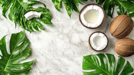 Fresh Coconut Halves Surrounded by Green Tropical Leaves on Marble Background for Healthy Lifestyle or Culinary Concepts