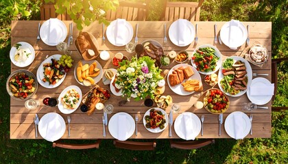 Outdoor garden party spread on a long wooden table. Sunlight streams over a lavish spread of food, drinks, and floral centerpiece
