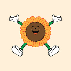Cheerful Sunflower Bloom in Retro Vintage Mascot Character with gloved hand and foot, rubber hose cartoon style. Jumping happily.