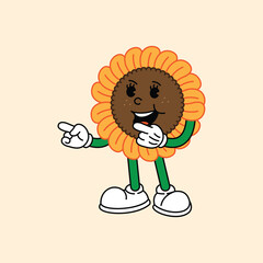 Cheerful Sunflower Bloom in Retro Vintage Mascot Character with gloved hand and foot, rubber hose cartoon style. Pointing to the side with both hands.