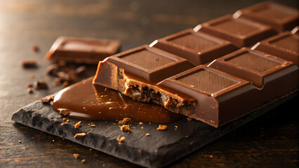 Indulge your senses with a decadent chocolate bar melting on slate, perfect for sweet cravings