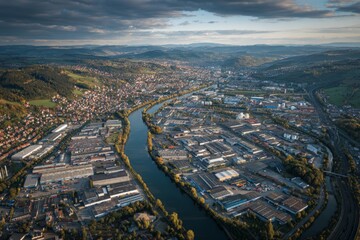 Obraz premium Drone shot of green logistics project in germany. Modern logistics. Revitalization of german brownfields peaks in 2025 logistics sector. Construction shift. Logistics innovation.