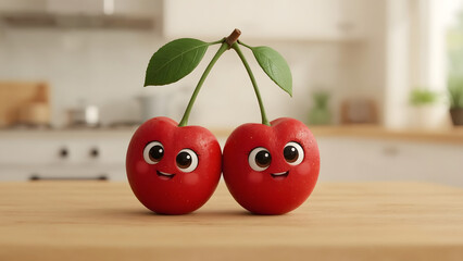 Two charming and animated cherries, each with a cheerful expression, resting upon a wooden surface, evoke feelings of freshness and sweetness.  