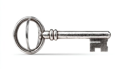 Antique key, silver metal, vintage style, simple design, isolated on white background