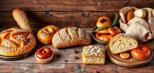 Artisan breads and pastries arranged on a rustic wooden table,  delicious,   delicious