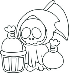 Illustration of cute skull ghost icon.
Funny skull ghost in activities stickers.
Angel of death cute elements.