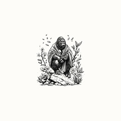 Obraz premium Gorilla calmly on a rock, wearing robes like a monk or ancient philosopher illustration vector template