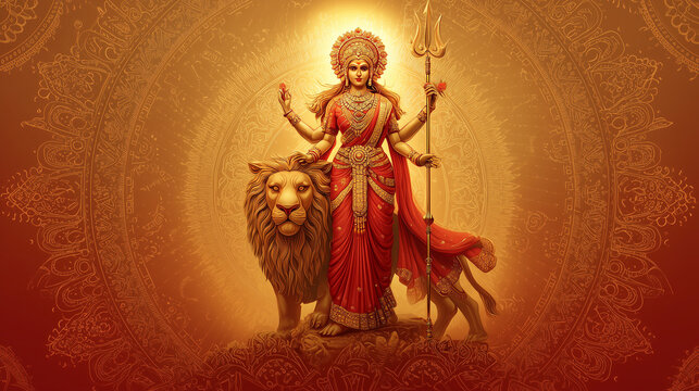 Navratri, Goddess Durga standing on a lion holding trident, glowing golden light with vibrant red and orange tones