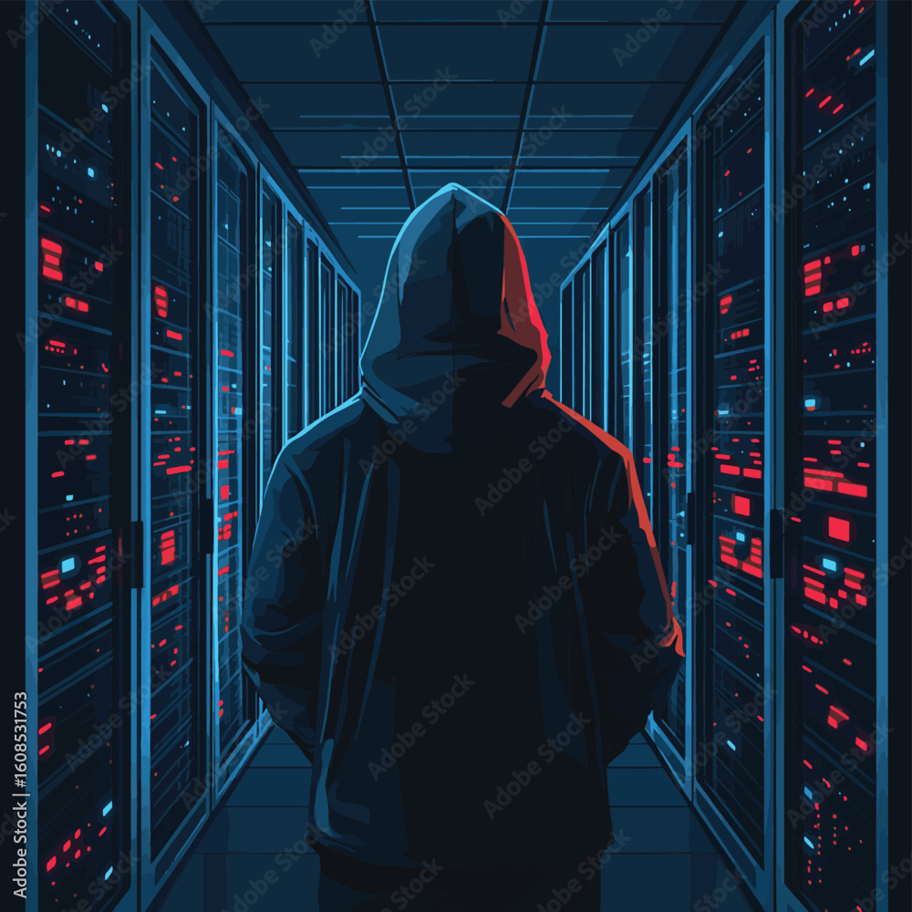 Poster the hooded hacker from behind standing among working servers. security technology, vector style simp