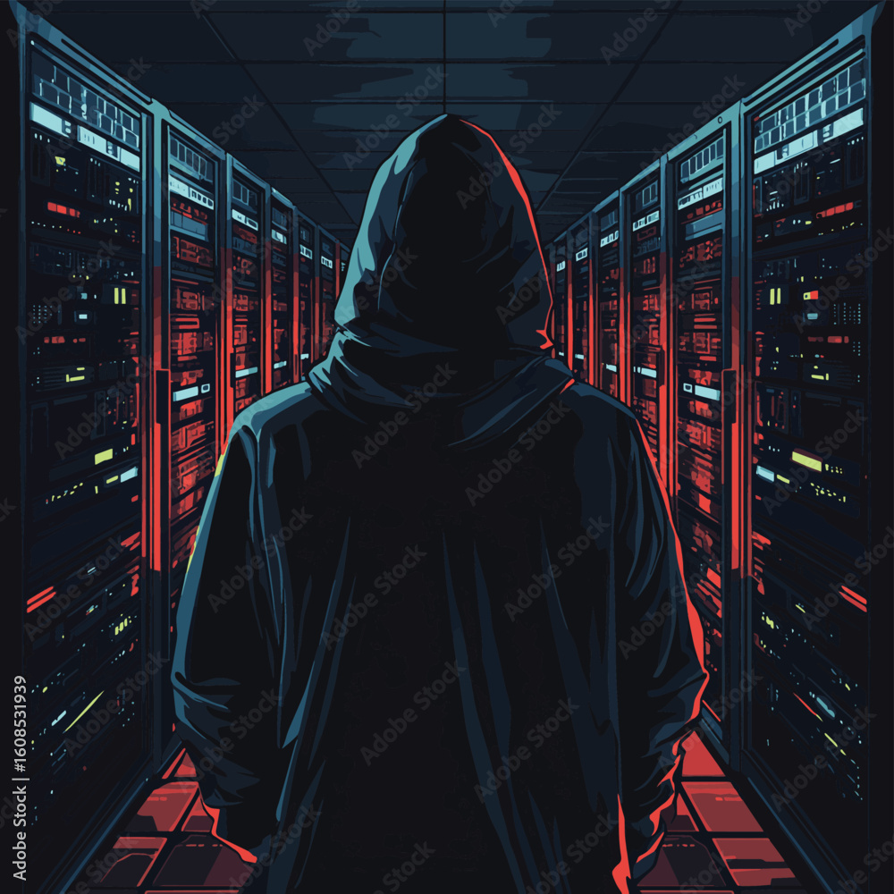 Poster the hooded hacker from behind standing among working servers. security technology, vector style simp