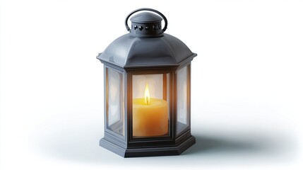 A glowing candle sits within a vintage, dark grey lantern, its light casting a warm glow on glass panels