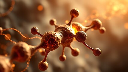 Surreal molecular structure with coffee-hued energy waves activating cells, depicting anti-aging research.