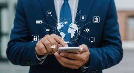 Business professional interacting with smartphone and digital finance icons. Modern business technology and digital connectivity. Financial tech integration with global network.
