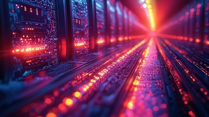 Futuristic data center with glowing server racks, showcasing vibrant LED lights and a perspective view, symbolizing advanced technology and digital innovation.