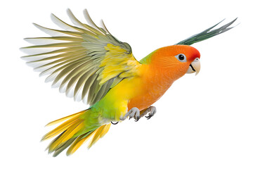 Fototapeta premium Vibrant parrot in mid-flight showcases stunning feather detail and bright colors, perfect for nature or pet-themed projects.