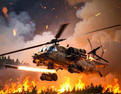 Military helicopter firing a missile amidst explosions and fire, flying over a forest landscape under a dramatic sky. - Powered by Adobe
