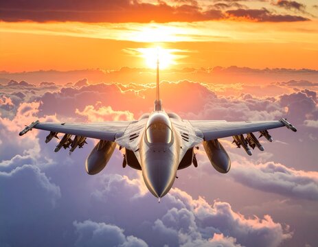 A fighter jet flies through a cloudy sky at sunset, with the sun shining brightly behind it.