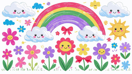 Crayon drawn kid doodle collection. Colorful childish elements like clouds, flowers, bows, rainbows and sun