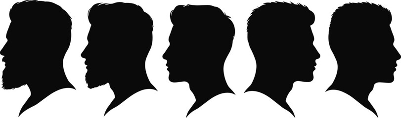 Silhouette profiles of men, different hairstyles and beards, vector graphic, male side views, design illustration, isolated head concept