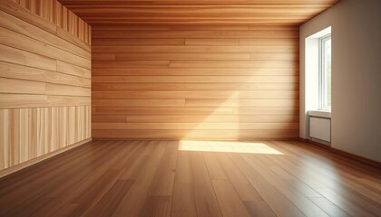 Fototapeta premium Minimalist empty room, wood panel wall, natural light, serene space, clean, zen style