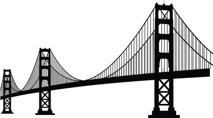 olden Gate Bridge silhouette, iconic suspension structure, black and white vector design, architecture landmark, engineering marvel, famous bridge illustration, cityscape art, travel destination image