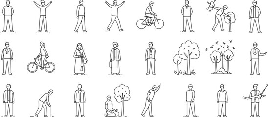 People outdoor activities, walking, cycling, planting trees, relaxing, talking, vector line icons, park lifestyle, environment friendly, flat minimal urban character design