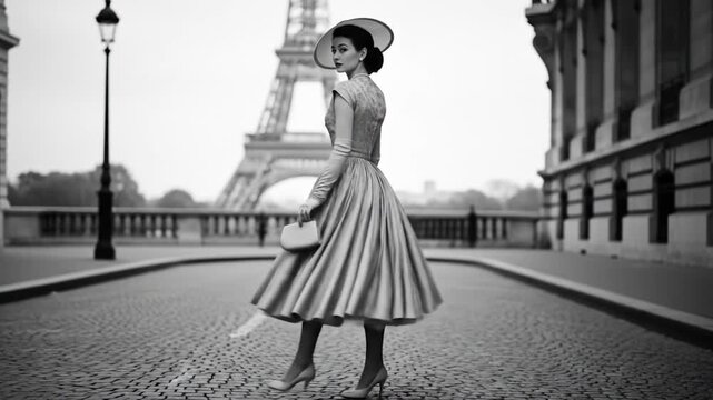 A woman in a vintage dress on a Parisian street