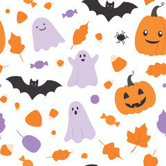 Festive Halloween-themed pattern featuring ghosts, pumpkins, bats, and candy.