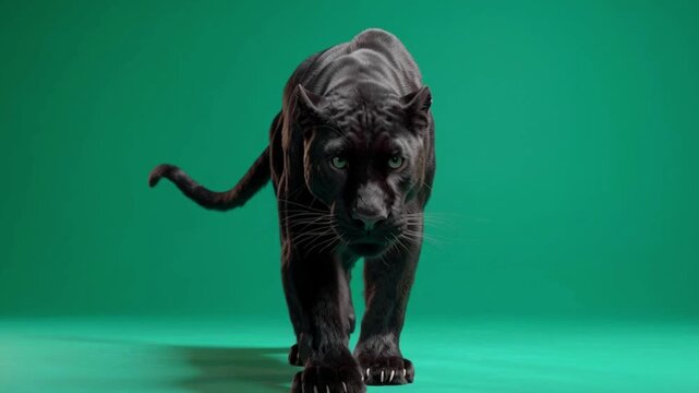 A black panther walking towards the camera on a green screen studio background looking menacingly green screen animal video