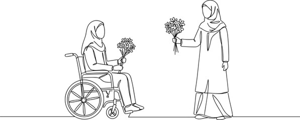Muslim woman in wheelchair receiving flowers, kind gesture of support, disability awareness, friendship and inclusion, vector line art illustration of caring, empathy and compassion