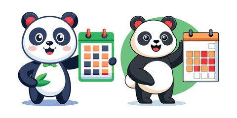 Corporate panda character pointing at calendar with deadlines, business schedule planning, time management concept, office work illustration, productivity and task organization vector.