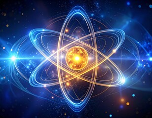 Abstract depiction of an atom with glowing nucleus and orbiting electrons against a backdrop of stars and nebulae.