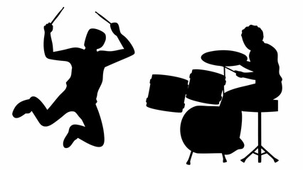 Silhouette of two musicians one jumping with drumsticks and one playing drums on a white background | editable eps vectors