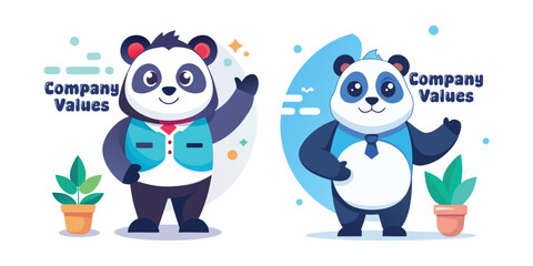 Corporate panda presenting company values illustration, business mascot vector, professional panda character, teamwork concept, office presentation, company culture, leadership, corporate identity