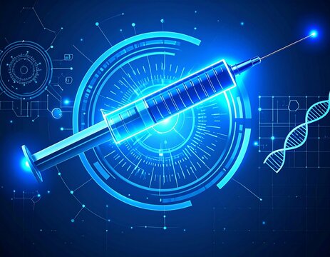A stylized, digital illustration featuring a syringe against a backdrop of technological and scientific elements, including DNA strands and circular patterns.