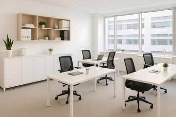 Bright and modern office space features clean white desks, storage cabinets, sleek rolling chairs, and shelf styling for an organized and professional work environment.