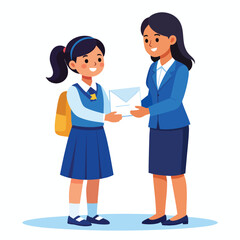 Obraz premium A smiling student hands a letter to a teacher, both in uniform.