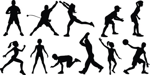 Vector art of a dynamic collection of silhouettes showcasing various athletic movements and sports isolated on transparent background.